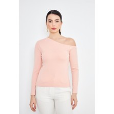  Pembe Asimetrik Yaka Tek Omuz Açık Uzun Kollu Kadın Fit Bluz - 2463