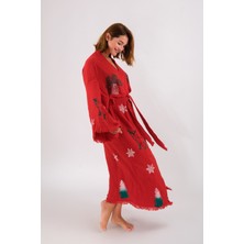 Befera Design Christmas Müslin Kimono Pamuklu Yılbaşı Baskılı Desenli Bornoz Kaftan Sabahlık