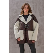 Kadın Premıum Tasarım Deri ve Peluş Mixli Önü Kemer Toka Detaylı Oversize Rahat Kalıp Ceket