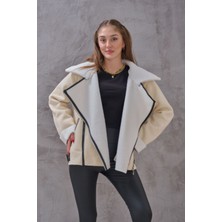 Kadın Süet Kumaş Deri Toka Detaylı  Şal Yaka Asimetrik Fermuarlı Biker Mont