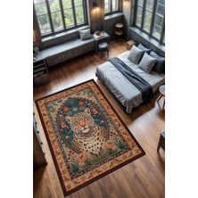 Homshtag Nuh'un Gemisi Koleksiyonu Leopar Temalı Çiçekli Krem Renkli Bordürlü Şık Konsept Halı