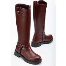 İnfon Ayakkabı Marketi 02-312 Bordo Toka Aksesuarlı Fermuarlı Günlük Kadın Çizme