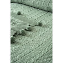 Çift Kişilik Ponponlu Triko Örme Battaniye - Yumuşak Doku & Şık Tasarım - Mint Yeşili - 220X240 cm