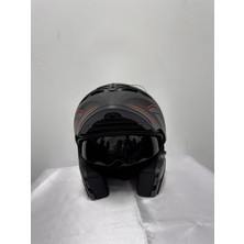 Wair Teknoloji JK-902 Çene Açılır Kask E-1 Mat Siyah Turuncu Desen Kask ( Çene Pedli ) Güneş Vizörlü