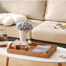Doğal Rattan Dikdörtgen Tepsi El Yapımı Kulplu Servis Tepsisi Kahvaltı Çay Kahve Sunum Tepsi (38CM) Oceanpoint