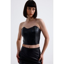 Fermuarlı Suni Deri Büstiyer | BUST34504 Siyah