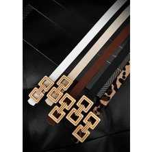 ZR Accessory Çift Kare Gold Tokalı Kadın Kemeri, Pantolon Kemeri, Ceket Kemeri, Gömlek Kemeri, Elbise Kemeri