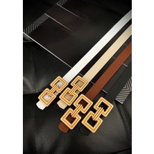 ZR Accessory Çift Kare Gold Tokalı Kadın Kemeri, Pantolon Kemeri, Ceket Kemeri, Gömlek Kemeri, Elbise Kemeri