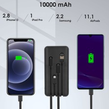 1Hora GAR148 10000 Mah Taşınabilir Şarj Cihazı - Dahili 4 Kablo - Hızlı Şarj Destekli - Usb-A Çıkışlı Powerbank - Siyah