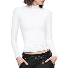 Beyaz Darkalıp Slimfit Soft Touch Interlok Penye Kumaş Basic Yarım Balıkçı Bluz