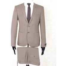 Jan Carlucci Slim Fit Beli Lastikli-Yarım Astar-Mono Yaka-Çift Yırtmaç  Kahverengi Torba Cep Drop 6 Takım Elbise