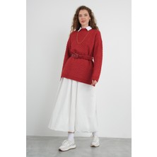 Örümcek Örgülü Kazak Kırmızı