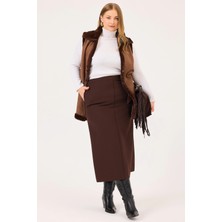 Galaxi Kadın Büyük Beden Cepli Midi Boy Etek 4004 Kahverengi