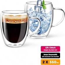 Berdina Home 2'li Çift Cidarlı Bardak 350 ml Isıya Dayanıklı Borosilikat Espresso Sunum Bardağı Kulplu Kahve Kupa