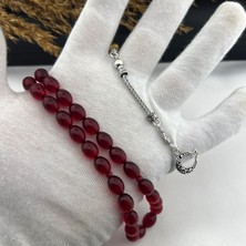 925 Ayar Gümüş Arpa Kesim Ay Yıldız Tasarım Tekli Kalın Tilki Kuyruğu Püskül Kırmızı Ateş Kehribar Tesbih