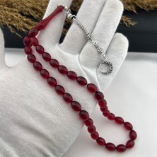 925 Ayar Gümüş Arpa Kesim Ay Yıldız Tasarım Tekli Kalın Tilki Kuyruğu Püskül Kırmızı Ateş Kehribar Tesbih