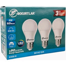 Akkurtlar Led Lamba 9W-60W 806 Lümen Beyaz Işık E27 (3'lü Ekopaket)