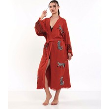 Befera Design Müslin Kimono Pamuklu Leopar Baskılı Desenli Bornoz Kaftan Sabahlık