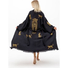 Befera Design Müslin Kimono Pamuklu Leopar Baskılı Desenli Bornoz Kaftan Sabahlık