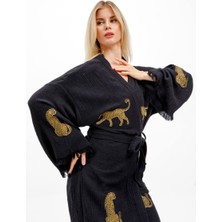 Befera Design Müslin Kimono Pamuklu Leopar Baskılı Desenli Bornoz Kaftan Sabahlık