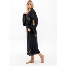 Befera Design Müslin Kimono Pamuklu Leopar Baskılı Desenli Bornoz Kaftan Sabahlık