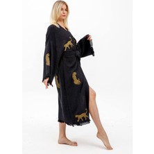 Befera Design Müslin Kimono Pamuklu Leopar Baskılı Desenli Bornoz Kaftan Sabahlık