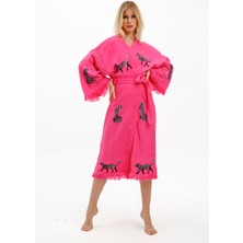 Befera Design Müslin Kimono Pamuklu Leopar Baskılı Desenli Bornoz Kaftan Sabahlık