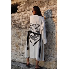 Befera Design Müslin Kimono Pamuklu Kaplan Baskılı Desenli Bornoz Kaftan Sabahlık