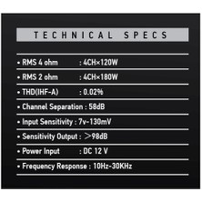 Massive MS-KL120.4 Ab 4kanal Efsane Seri Oto Amfi Anfi 4ch-4 Ohm 120W-RMS -Rms 2 Ohm 4CH×180W Bas Kontrollü