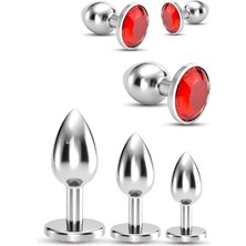 Ewe 3 Farklı Boy Alıştırıcı Çelik Anal Plug Set Kırmızı Elmas Taşlı Açıcı Metal Tıkaç