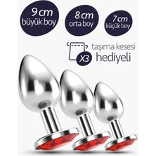 Ewe 3 Farklı Boy Alıştırıcı Çelik Anal Plug Set Kırmızı Elmas Taşlı Açıcı Metal Tıkaç