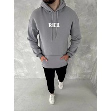 Uzun Kol Kapşonlu Göğüs Baskılı Sweatshirt - Gri