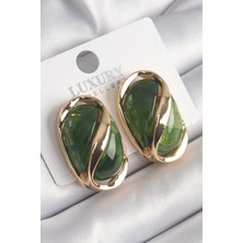 Shopzum Pirinç Gold Renk Yeşil Oval Vintage Kadın Küpe