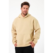 Bafatex Erkek Oversize 3 Iplik Kapşonlu Sweatshirt Bej