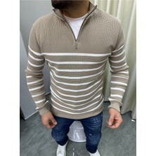 Bafatex Fermuar Detaylı Slimfit Çizgili Kazak