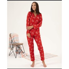 Kadın Süet Pijama Takımı Kalp Desenli