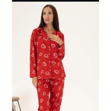Kadın Süet Pijama Takımı Kalp Desenli