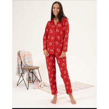 Kadın Süet Pijama Takımı Kalp Desenli