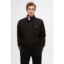 Twn Oversize Siyah Düz Yarım Fermuarlı Pamuklu Mevsimlik Sweatshirt