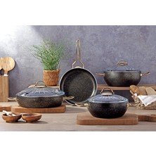 Att Morelli Granit 8 Pcs Güveç Tencere Set Siyah&gold (24-26 cm Tencere & 28 cm Pilavlık & 26 cm Tava)