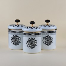 Glore Destina Siyah Çiçekli Emaye 3'lü Kavanoz - Baharatlık Takımı