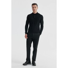 Jakamen Siyah Slim Fit Yünlü Desenli Polo Yaka Triko