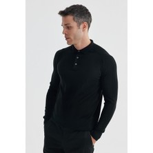 Jakamen Siyah Slim Fit Yünlü Desenli Polo Yaka Triko