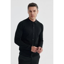 Siyah Slim Fit Yünlü Düğmeli Polo Yaka Triko