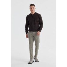 Jakamen Kahve Slim Fit Pamuklu Desenli Fermuarlı Polo Yaka Triko Kazak