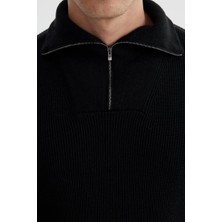 Jakamen Siyah Slim Fit Yünlü Fermuarlı Yaka Triko