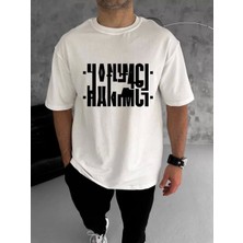 Unisex Bisiklet Yaka Katlanan Baskılı T-Shirt - Beyaz