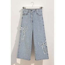 Kurdele Nakışlı Yumuşak Dokulu Wide Leg Bol Paça Jean Kız Çocuk Kot Pantolon