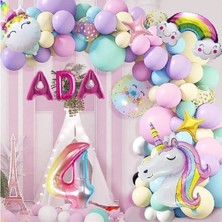 3 Harfli Yaş Seçenekli Gökkuşağı Konseptli Unicorn Temalı Makaron Balon Doğum Günü Parti Kutlama Seti - 4 Yaş