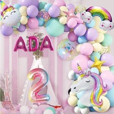 3 Harfli Yaş Seçenekli Gökkuşağı Konseptli Unicorn Temalı Makaron Balon Doğum Günü Parti Kutlama Seti - 2 Yaş